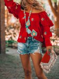 Red Floral-Print Sweet Off Shoulder Causal Tops