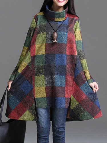 Multicolor Turtleneck Asymmetric Color-block Casual Dress