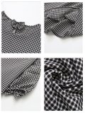 Women Bow Lantern Sleeve Round Neck Short Sleeve Plaid T-Shirt Top