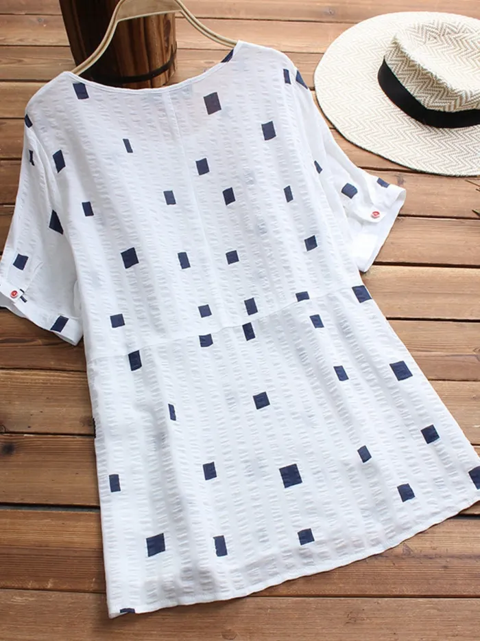 Short Sleeve Cotton-Blend Round Neck Sweet Shirts & Tops