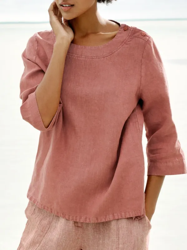 Casual Buttoned Crew Neck Solid Shirts & Tops