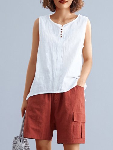 Women Solid Sleeveless Round Neck Loose Casual Vest Tops
