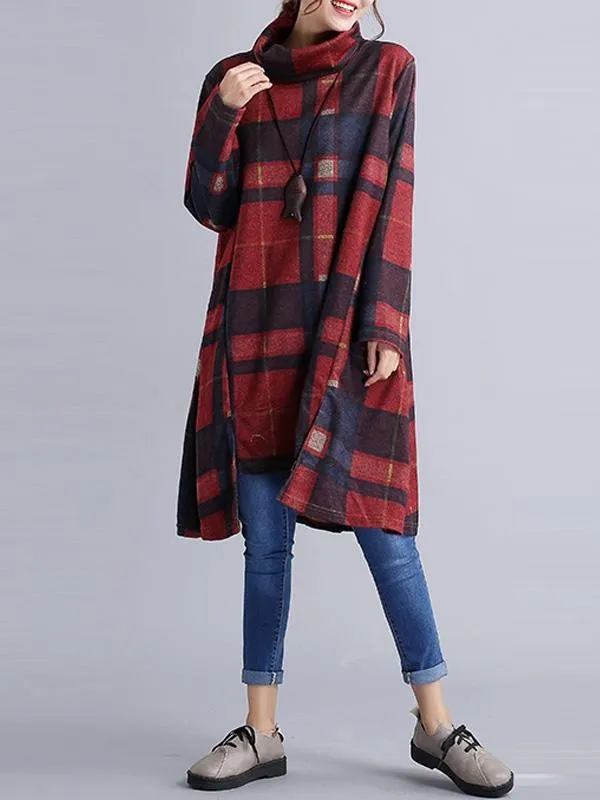 Autumn Winter Casual Plaid Turtleneck Long Sleeve Sweatshirt