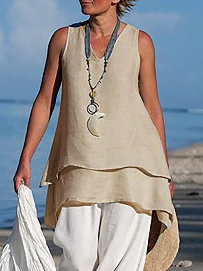 Women Casual Shirts V Neck Sleeveless Asymmetrical Tunics Blouses