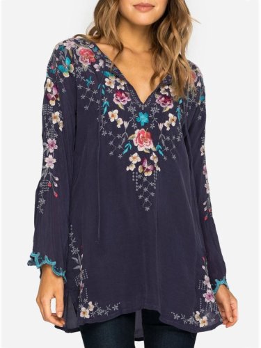 Plus Size Casual V Neck Long Sleeve Printed Tops