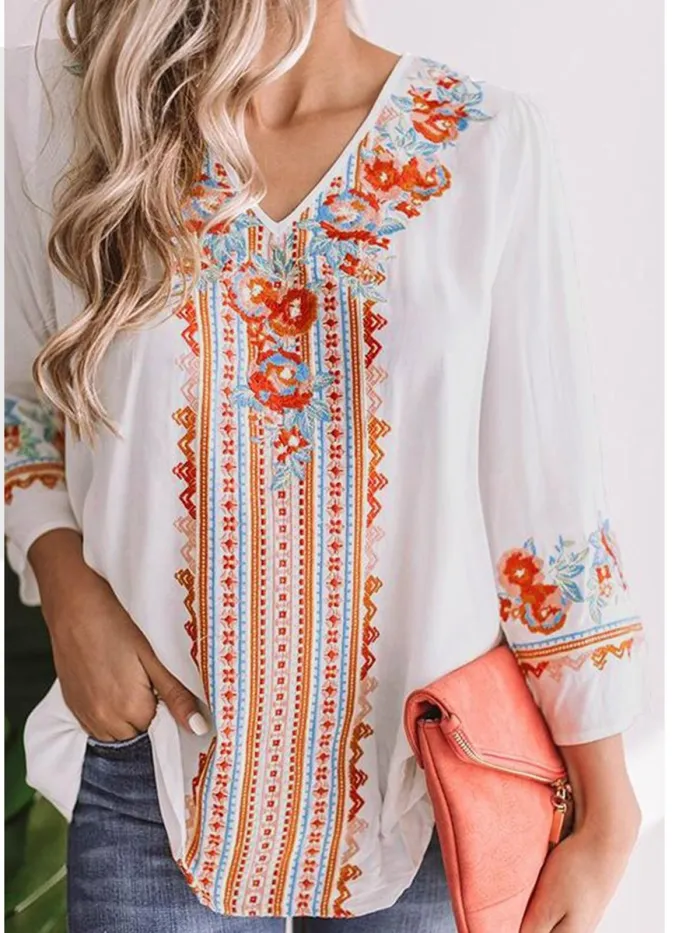 Women Casual V Neck Tops Tunic Blouse Shirt