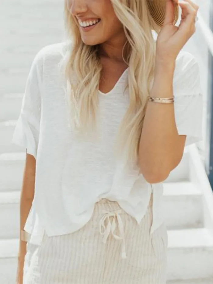 V Neck Solid Short Sleeve Casual Shirts