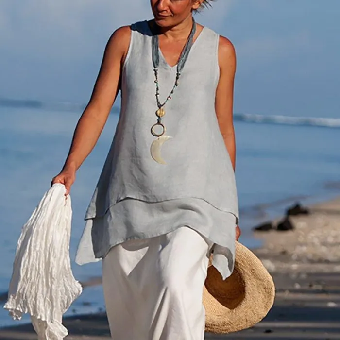 Women Casual Shirts V Neck Sleeveless Asymmetrical Tunics Blouses