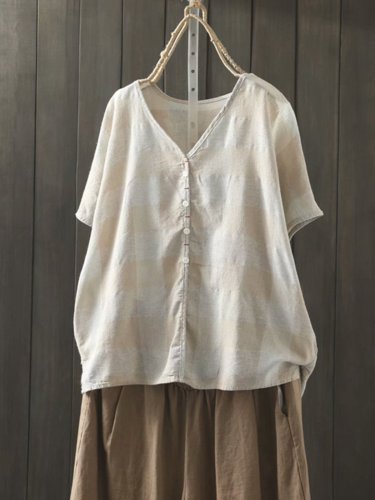 Plaid Print Button Short Sleeve Blouse For Women