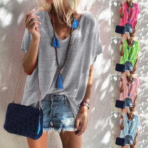 Casual Summer Multicolor V Neck Short Sleeve T-Shirts Tops