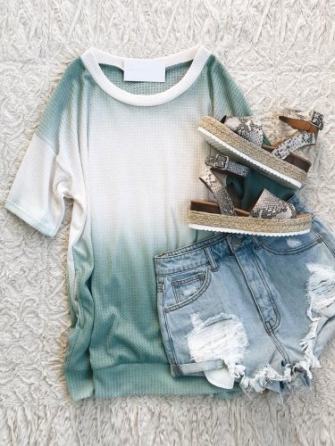 Green Cotton Short Sleeve Casual Tops