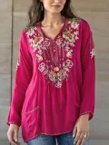 Elegant V Neck Printed Long Sleeve Shirts & Tops