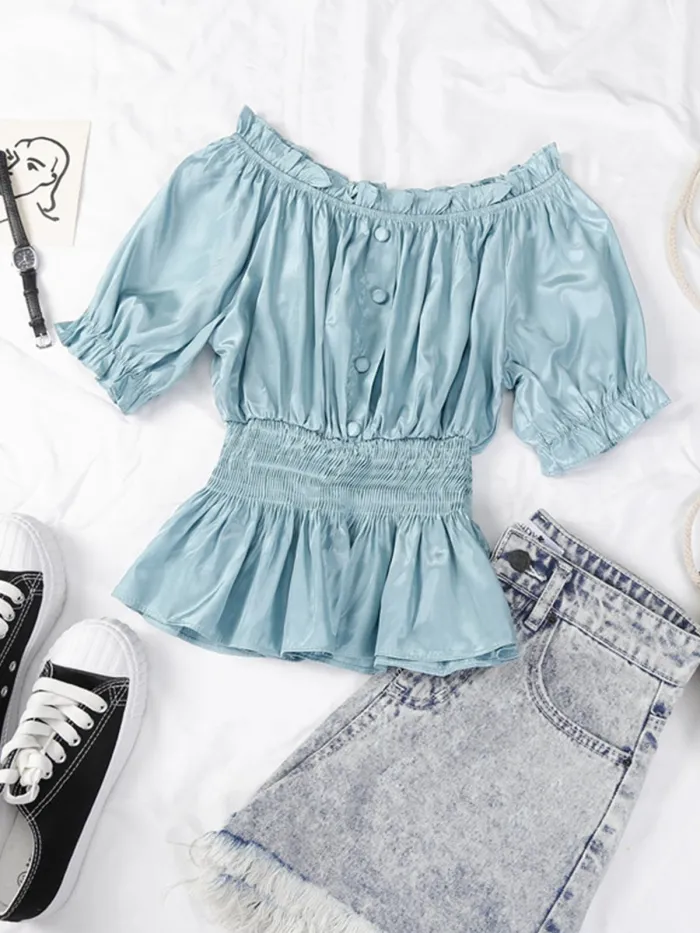 One-neck Off Shoulder Short Sleeve Pullover Solid Casual Tops