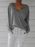 Cotton-Blend Long Sleeve Casual V Neck Shirts & Tops