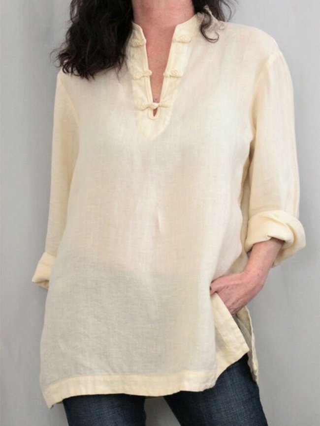 Women Tops V-Neck Long Sleeves Slit Side Casual Blouses