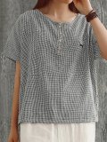 Plus Size Women Round Neck Short Sleeve Plaid Cotton And Linen Loose Casual Top