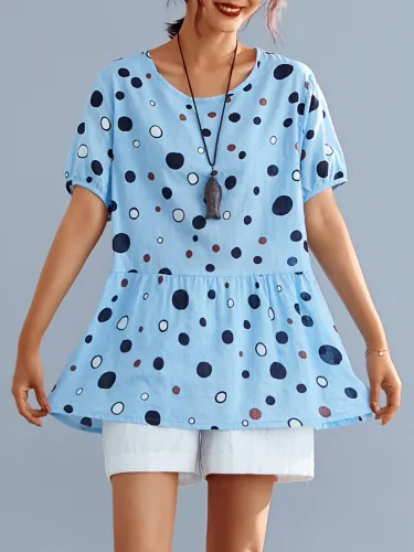 Plus Size Women Short Sleeve Round Neck Vintage Polka Dots Floral Casual Tops
