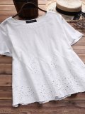 Round Neck Short Sleeve Embroidered Shirts & Tops