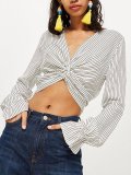 Stripe Long Sleeve Cotton V Neck Shirts & Tops