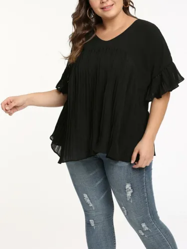 Black Short Sleeve Chiffon V Neck Casual Tops