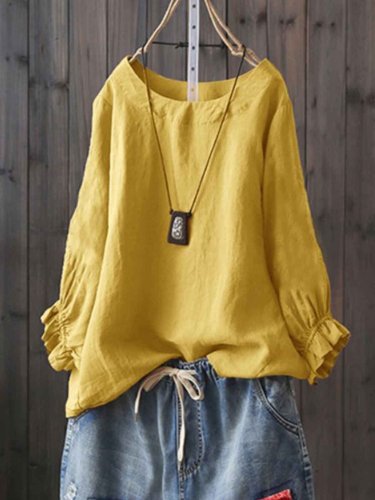 Round Neck Casual Solid Shirts & Tops
