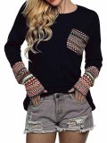 Women's Long Sleeve O-Neck Patchwork Casual Loose Blouse With Thumb Holes
