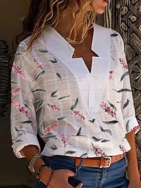 Casual V Neck Printed Long Sleeve Shirts & Tops