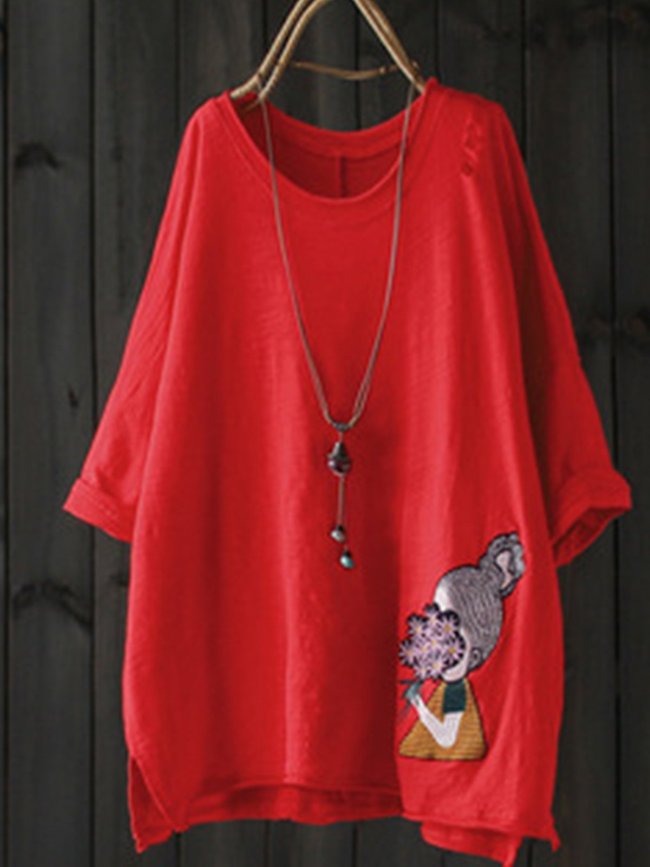 Round Neck Casual Embroidered Shirts & Tops