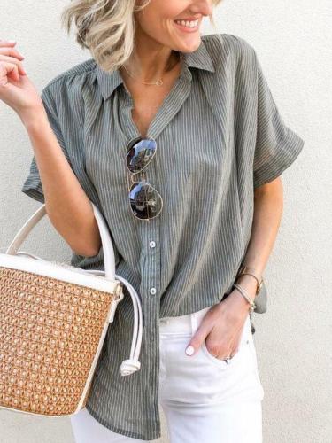 Plus Size Casual V Neck Short Sleeve Striped Tops