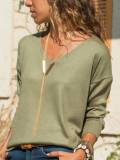 Green Knitted V Neck Long Sleeve Shirts & Tops