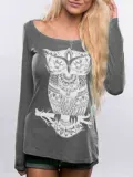 Owl Printed Long Sleeve Casual Animal Shift T-Shirts