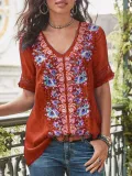 Short Sleeve Cotton-Blend Patchwork V Neck Shirts & Tops
