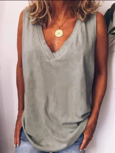 Gray V Neck Casual Cotton-Blend Plain Shirts & Tops
