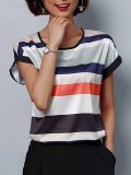 Plus Size Women Short  Sleeve  Round Neck Striped  Floral   Casual  Tops