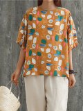 Plus Size Women Cotton And Linen Round Neck Short Sleeve Floral Loose Casual Tops