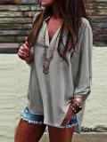 Women V neck Slit Long Sleeve Blouse