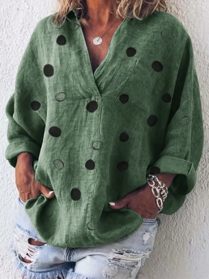 Long Sleeve V Neck Cotton-Blend Patchwork Shirts & Tops