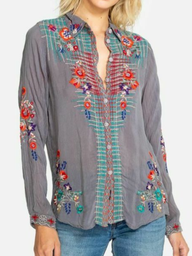 Long Sleeve Cotton-Blend Shirt Collar Shirts & Tops