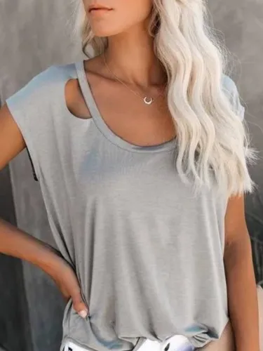 Plain Round Neck Short Sleeve Cotton-Blend Shirts & Tops