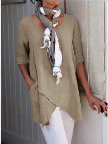 Plus Size Solid Casual Crew Neck Half Sleeve Asymmetric Tunic Blouses