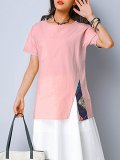 Plus Size Cotton And Linen Women  Short  Sleeve Solid  Casual Top