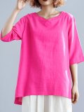 Plus Size Women Solid V Neck Half Sleeves Loose Casual Tops