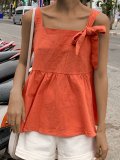 Plus Size Women Solid Square Collar Cotton Bow Tie Sleeveless Loose Casual Vest Top