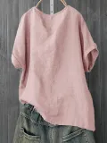 Short Sleeve Cotton-Blend Round Neck Sweet Shirts & Tops
