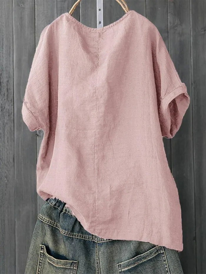Short Sleeve Cotton-Blend Round Neck Sweet Shirts & Tops
