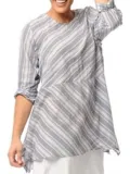 Grey-White1 Crew Neck Shift Casual Shirts & Tops