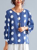 3/4 Sleeve Round Neck Vintage Polka Dots Casual Tops
