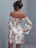 Romwe Women's Casual Floral Print Off Shoulder Trumpet Sleeve Swing Dress