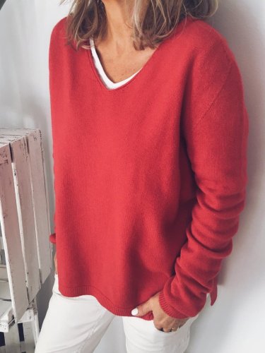 Red V Neck Casual Cotton-Blend Shirts & Tops