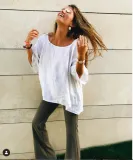 White Casual Round Neck Cotton-Blend Solid Shirts & Tops